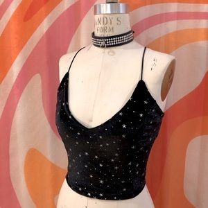 Black Velvet Lace-Up Backless Top with Silver Stars
